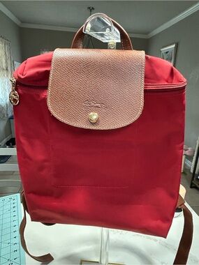 Longchamp Red Nylon Backpack with Brown Leather Flap